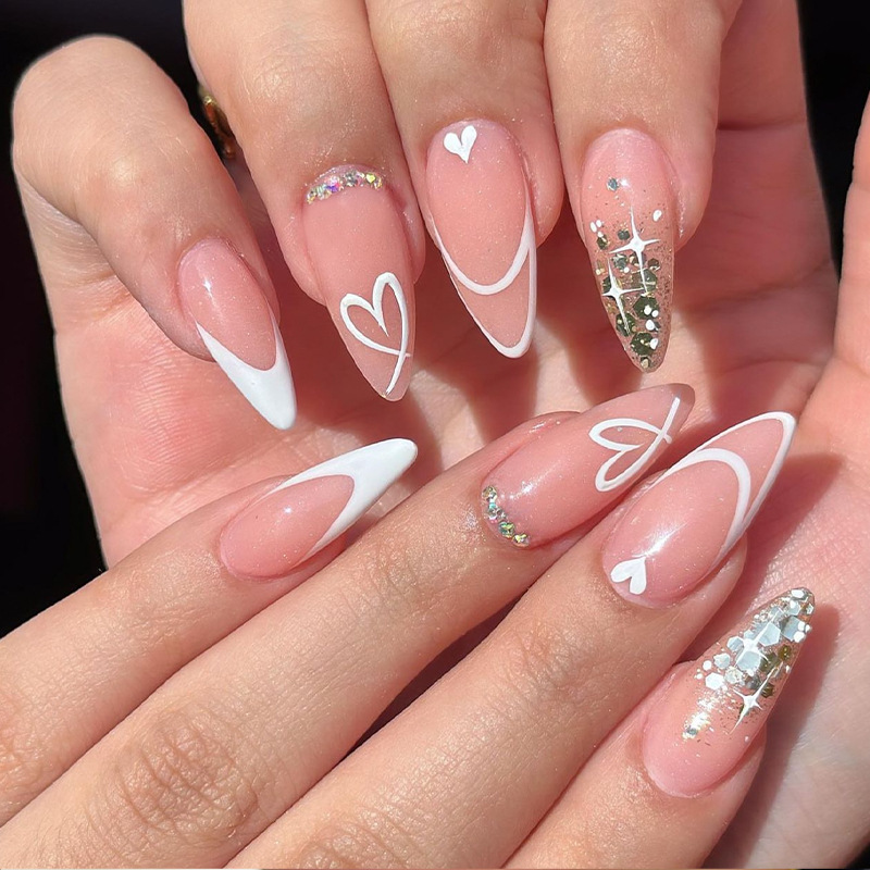 Cross-border European and American hot selling almond nail white French Valentine's Day love heart style flash sequins love wear nail manicure