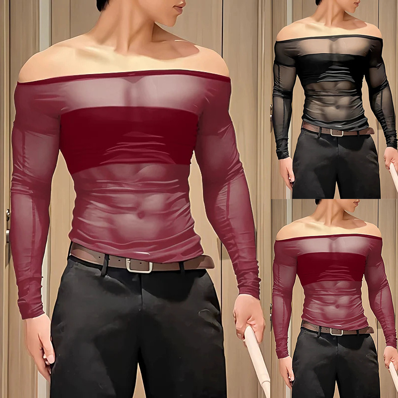 Cross-Border Amazon New European and American Style Men's Off-Shoulder Mesh Long-Sleeve T-Shirt, Sexy See-Through Slim-Fit Top Wholesale