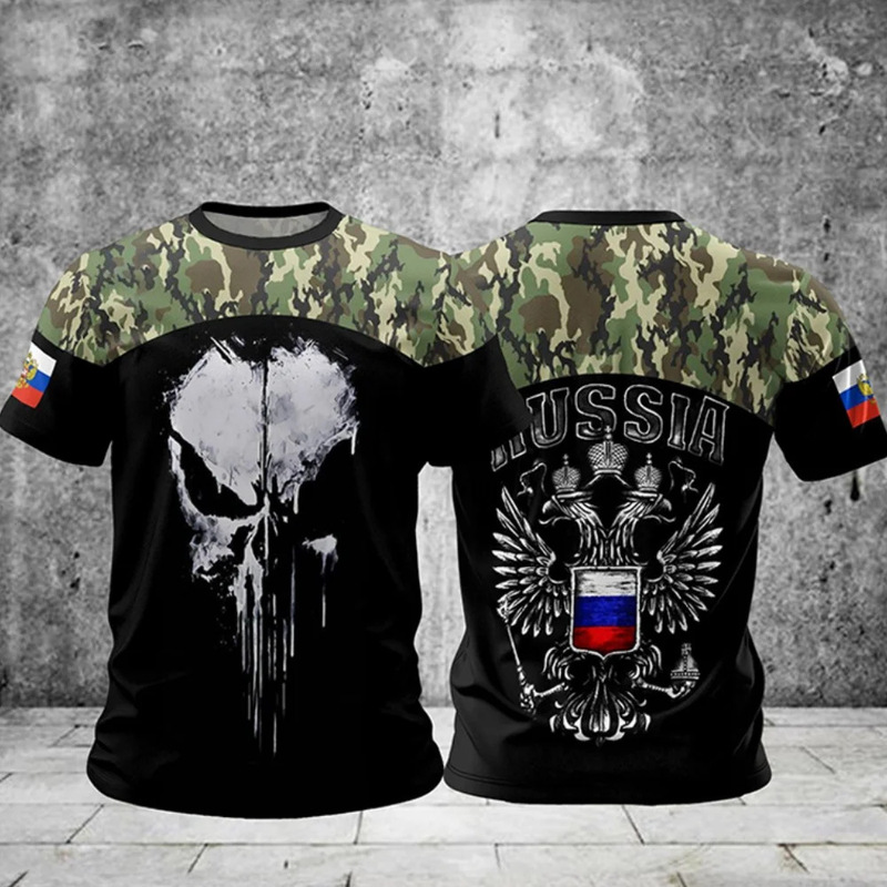 クロスボーダー夏メンズ Tシャツカジュアルルーズロシア国旗プリント通気性半袖紳士服ストリート|undefined