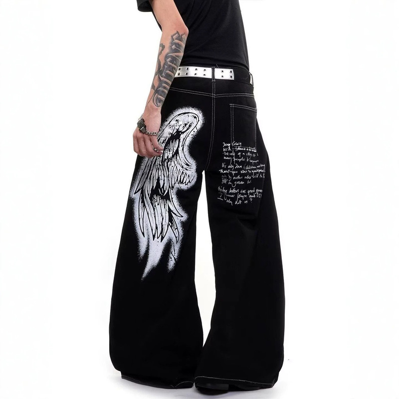 American-style curved hem jeans for men and women, autumn street style loose casual pants with trendy letter design, wide-leg pants