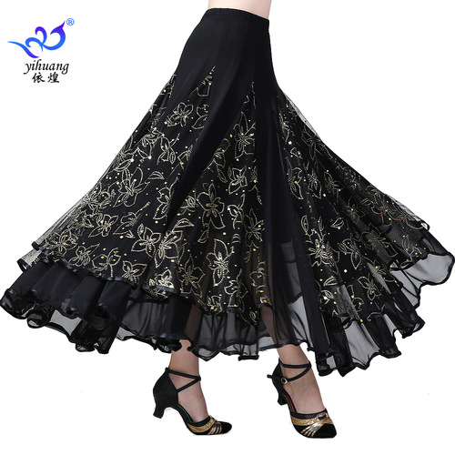 Purple red royal blue black colored Ballroom Dancing skirts for women girls Modern Dance Practice Sequin Swing Skirt Waltz tango Dance stage performance Long Skirt