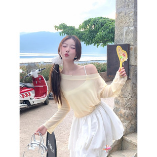 New Yellow Sun Protection Blouse for Women Summer Thin New Year New Slanted Shoulder Loose Long-Sleeved T-Shirt Top