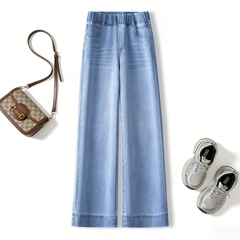 Elastic High-Waisted Petite Women's Summer Loose-Fitting Slimming Plus-Size Cropped Straight-Leg Jeans