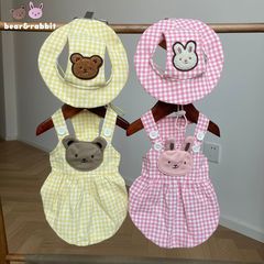 INS-style Korean summer 100% cotton washable gingham pink and yellow bear and rabbit matching hat pet set