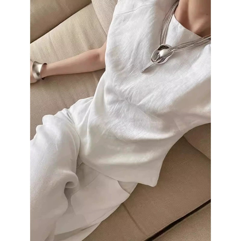 белый женский костюм из хлопка и льна, элитная летняя одежда, повседневный и модный женственный наряд, комплект из двух предметов: топ и широкие брюки.