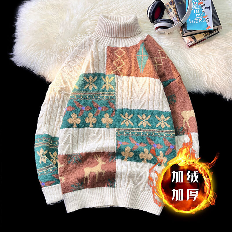Fleece-Lined Thick Turtleneck Sweater for Women, Vintage Artistic Design, Niche Christmas Couple Knitwear, Warm Knitted Sweater Fleece-Lined Thick Turtleneck Sweater for Women, Vintage Artistic Design, Niche Christmas Couple Knitwear, Warm Knitted Sweater