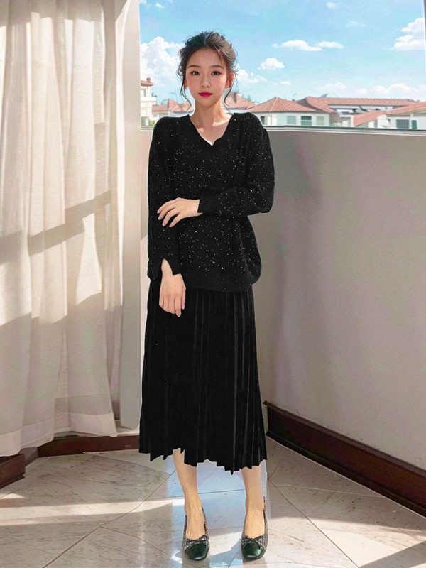 60-150kg Plus Size Fashionable Two-Piece Set 2025 Autumn and Winter Fat mm Sequined V Neck Knitwear Pleated Skirt