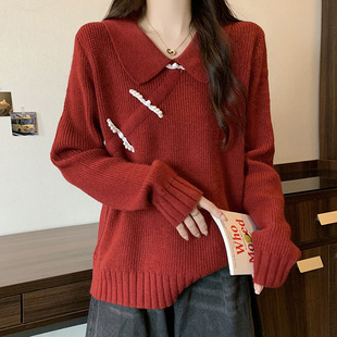 Real Shot 2024 Fall/Winter New plus size Women's chubby girl All-match Doll Collar New Chinese Knitted Sweater Outer Wear Top