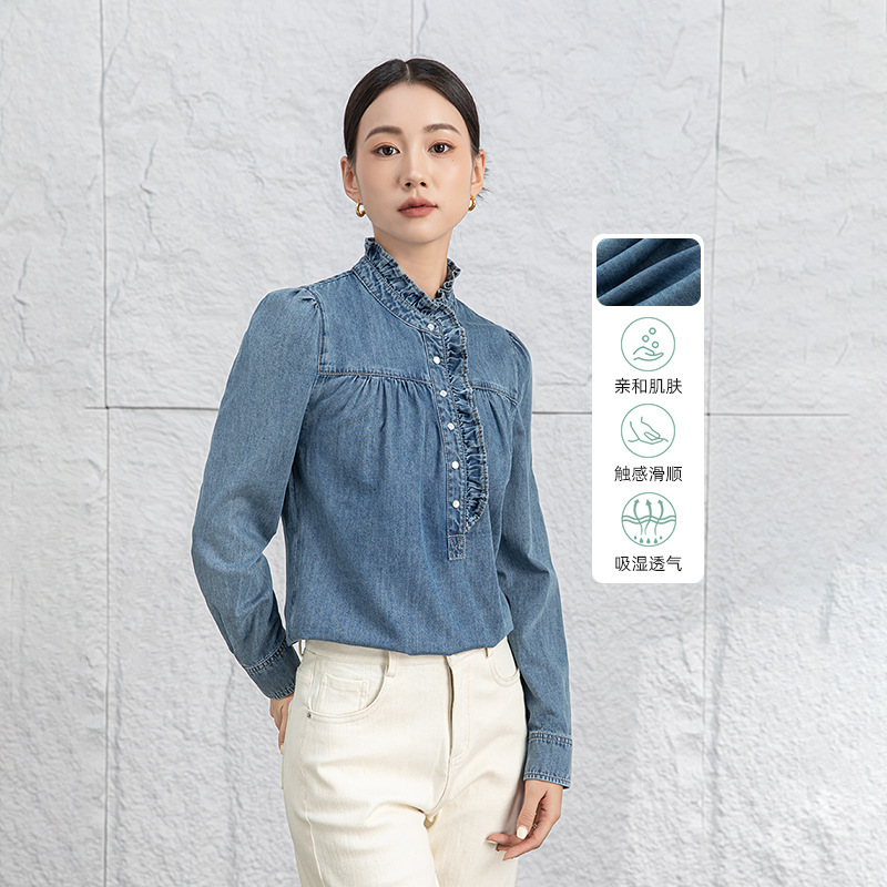 Xinge 2024 Spring New French Style Llace Collar Slim Fit Denim Shirt Retro Cotton All-match Shirt for Women