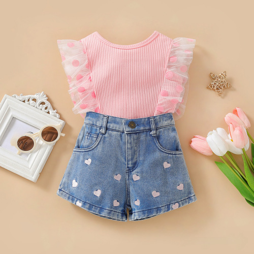 Wholesale Children's Apparel 2024 Summer New Girl's Set Toddler Clothing Top with Love Jeans Two-Piece Set