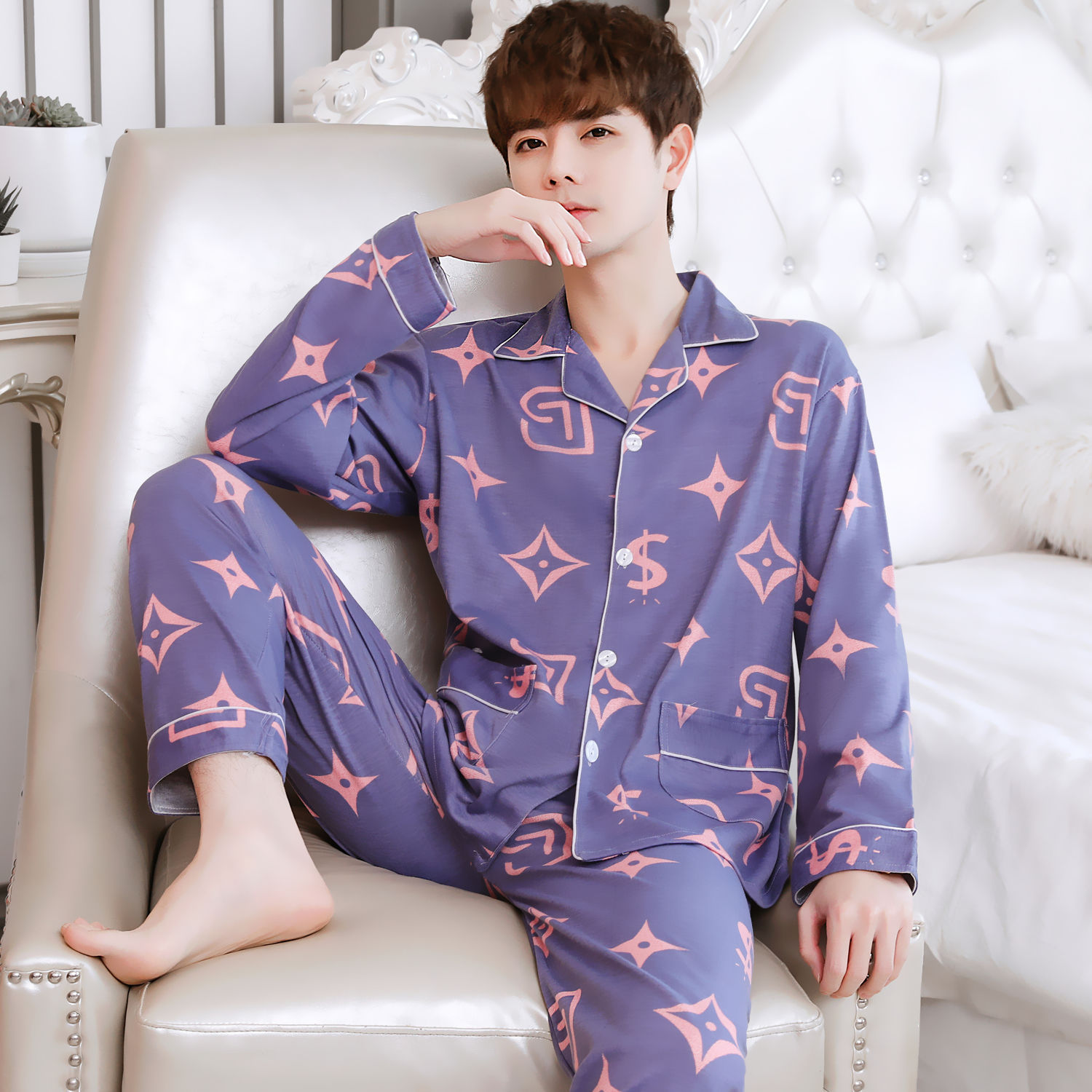 Pijamas de hombre Pijamas de primavera y otoño pantalones de algodón de manga larga de los hombres cardigan verde de mediana edad ropa de hogar traje de invierno para los ancianos