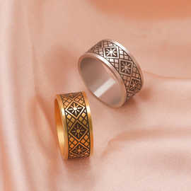 欧美跨境朋克指环钛钢钢钢色打标循环太阳菱形戒指不锈钢情侣戒指