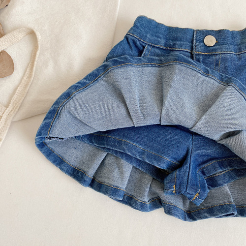 Girls' Denim Pleated Culottes Kids' Wear  Summer Korean-style Elastic Skirt for Little Girls, Half-Length Skirt 52901