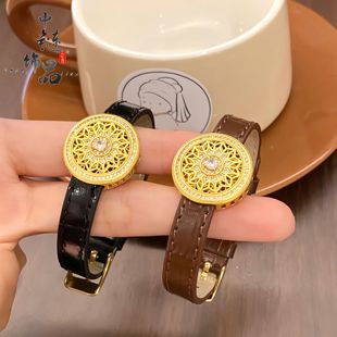 Gold shop same style ancient sand gold diamond sunflower dial diy accessories with leather strap for girlfriend holiday gift