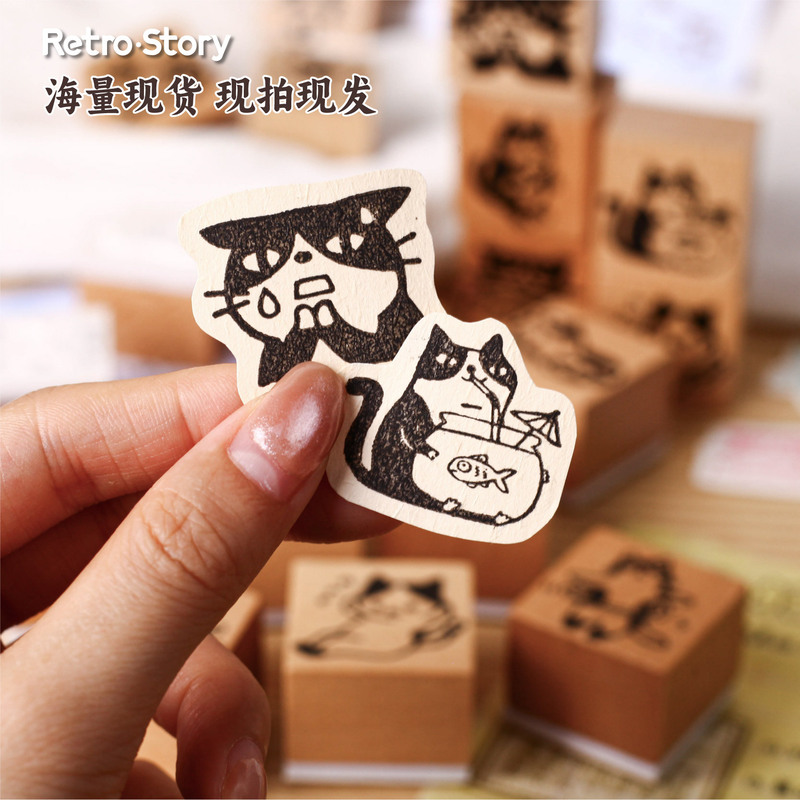 retro story木制印章 喵喵小玺系列 手帐印章diy可爱动物图案印画|undefined