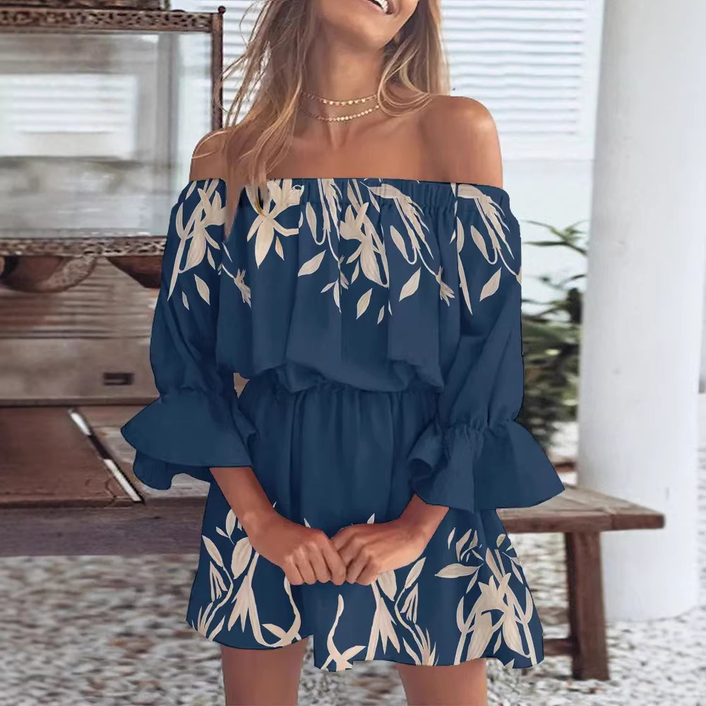 Vestido sexy de moda con estampado de un solo hombro para mujer, estilo europeo y americano, para el mercado transfronterizo de Amazon, 2023