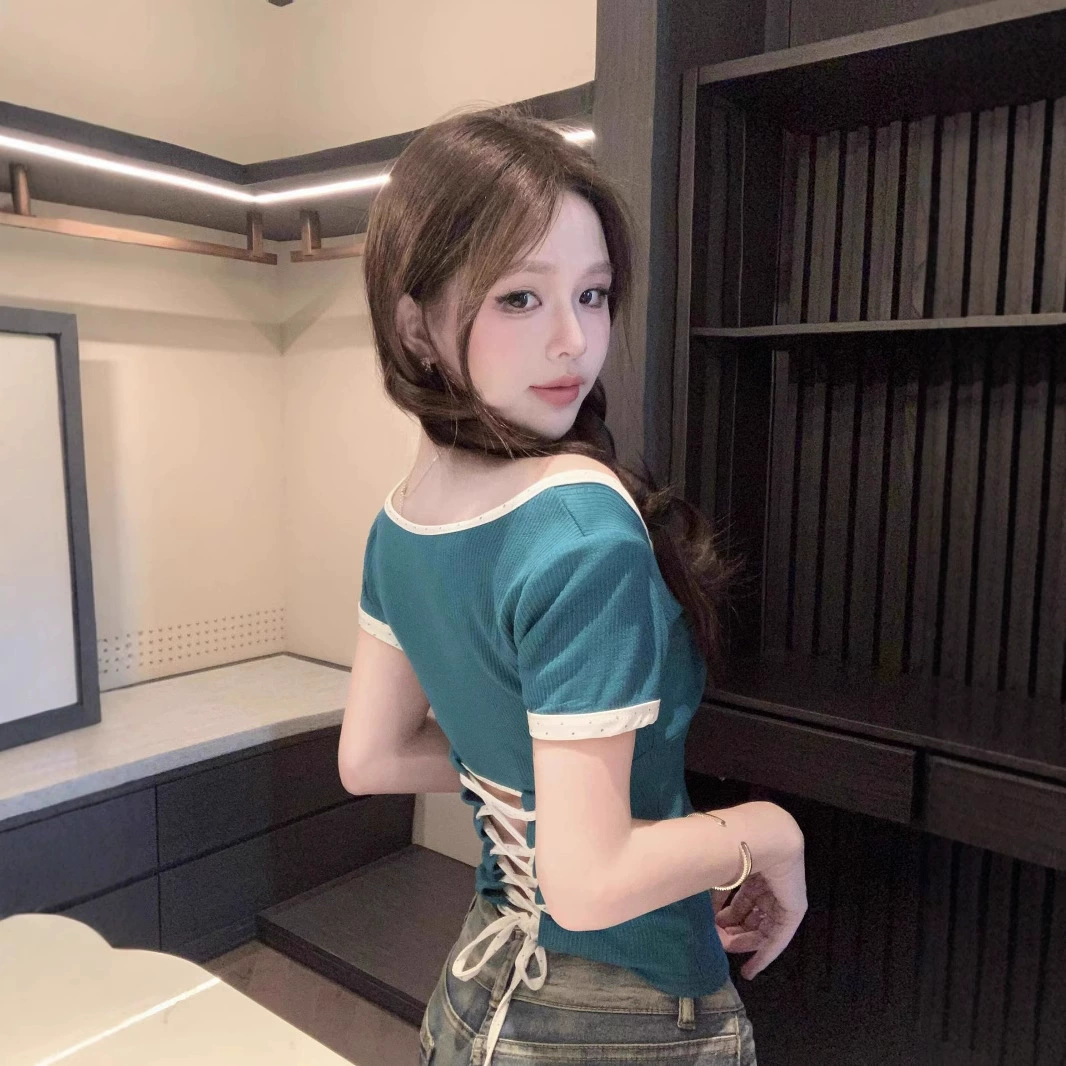 Модная женская футболка с открытыми плечами и короткими рукавами с цветными блоками, летний облегающий топ с завязкой на спине и коротким основанием