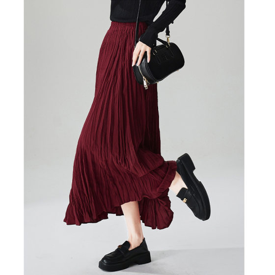 Counter Quality 2024 Autumn New Fashion High Waist Slim Elegant Pleated Long A- line Skirt Women