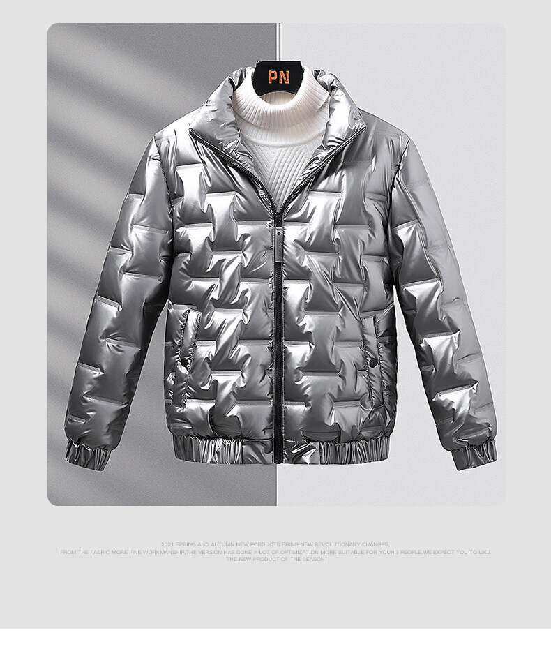 2023 Winter New Solid Color Bright Face Men's Casual Slim Fit Stand Collar Thick Cotton Jacket_voghion.com