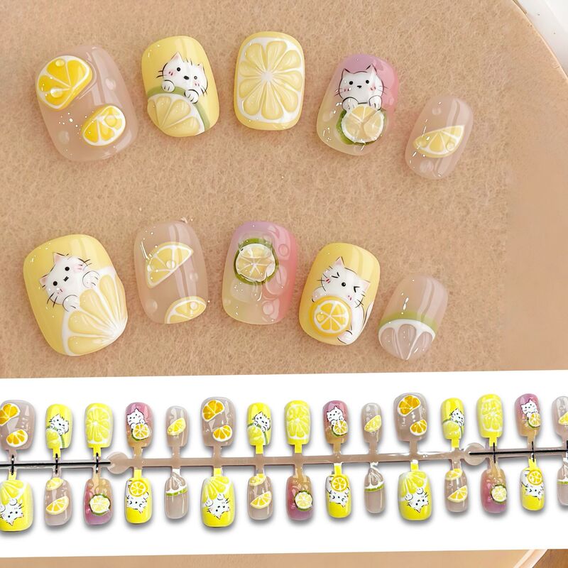 3D Stereo Lemon Kitten Cool Wearable Nails Ultra-Short Yellow Summer Fresh Cute Ins Nail Stickers
