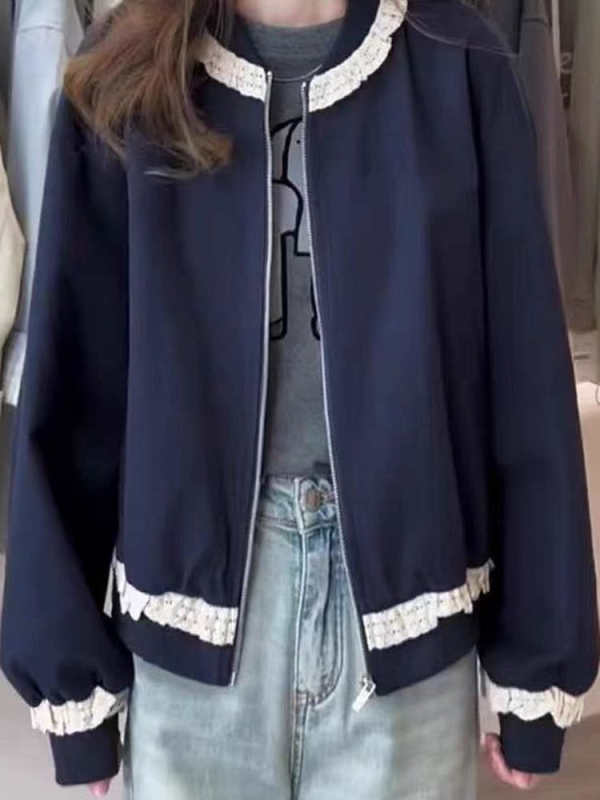 2025年春秋新款韩系蕾丝花边短外套女宽松棒球服外套减龄|undefined
