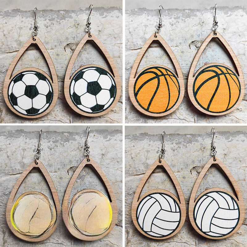 Football wooden earrings drop-shaped