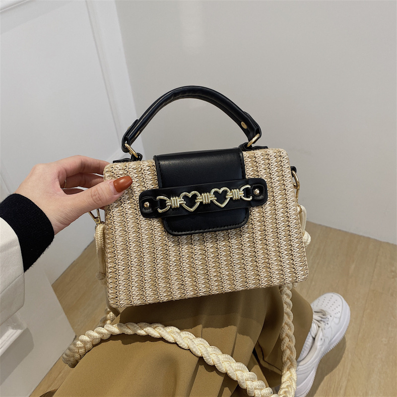 Women's Medium Straw Color Block Solid Color Vacation Beach Weave Magnetic Buckle Straw Bag display picture 5