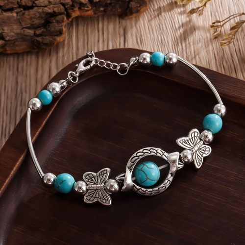 Dragon Ru European and American Retro Ethnic Silver-Plated Carved Elephant Pendant Bracelet Turquoise Bracelet Accessory