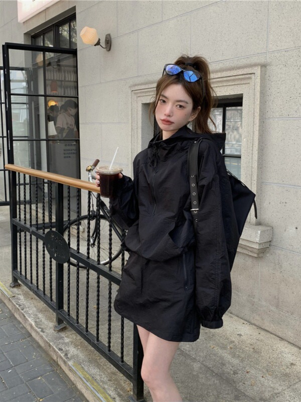 运动防晒套装女美式复古夏长袖连帽冲锋衣外套宽松休闲短裙两件套|undefined