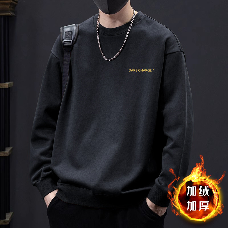 블랙 라운드넥 스웨트셔츠 플러스 플리스 스타일-1604【GL】