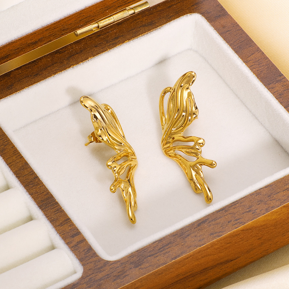 304 Stainless Steel Ear Needle Material 18K Real Gold Plated Plating Material 1 Pair Elegant Butterfly Plating Pleated 304 Stainless Steel Ear Studs