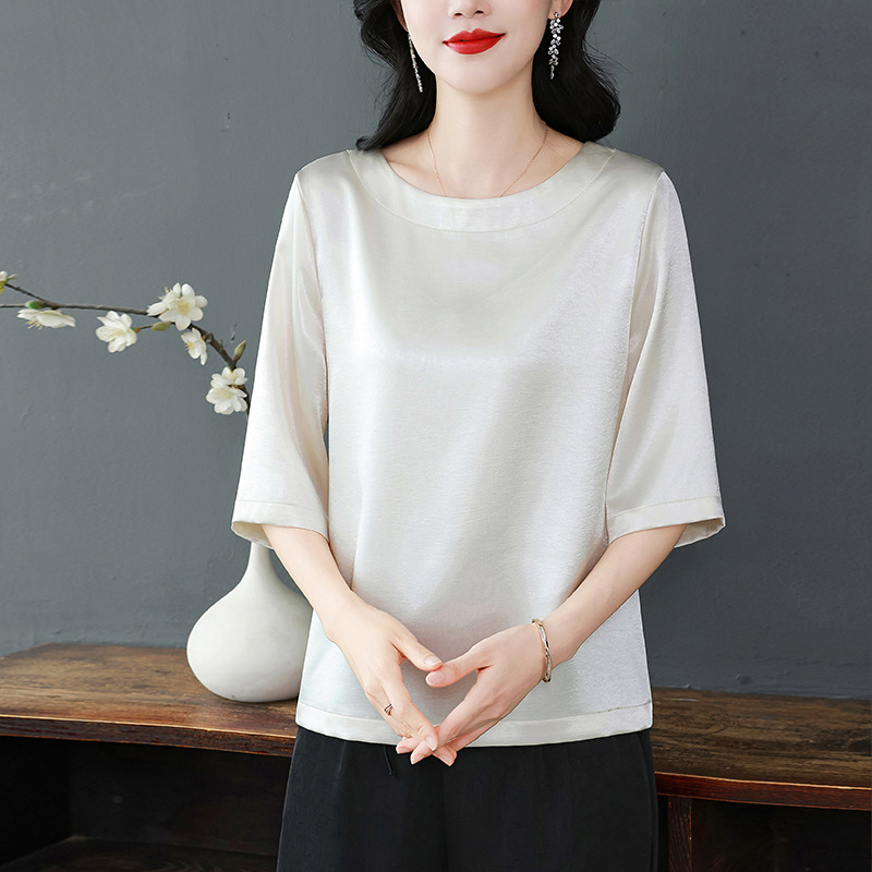 High-End Silk Plain Loose T-Shirt for Women, Elegant H-Shaped Slimming Round Neck Short-Sleeve Top for Moms