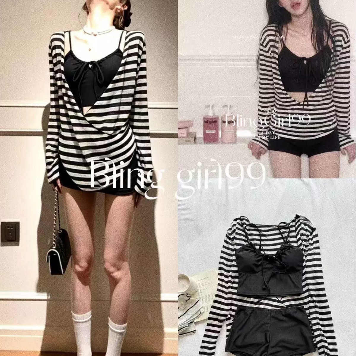 【Relaxing Weekend】Beach Striped Two-Piece Swimsuit with Long Sleeve Beach Cover-Up, Three-Piece Set, Flattering Vacation Swimwear for Women