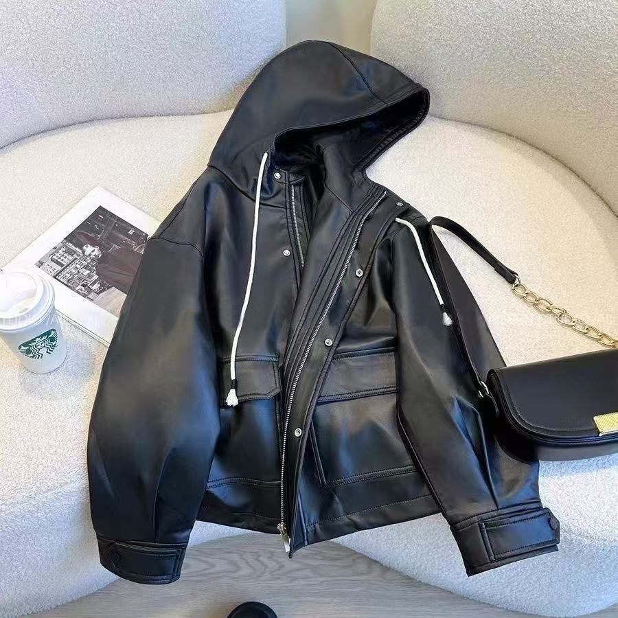 New Hooded Leather Jacket for Women, Autumn New Loose Versatile Stylish Leather Jacket Trendy