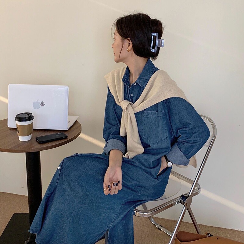 Autumn Korean Style Imitation Denim Shirt Jacket Soft Maternity Skirt Simple Washed Denim Single-Breasted Long Dress Autumn Korean Style Imitation Denim Shirt Jacket Soft Maternity Skirt Simple Washed Denim Single-Breasted Long Dress