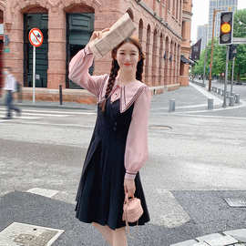 档口批发粉色连衣裙女秋季气质显瘦长袖法式小众设计感裙子小个子