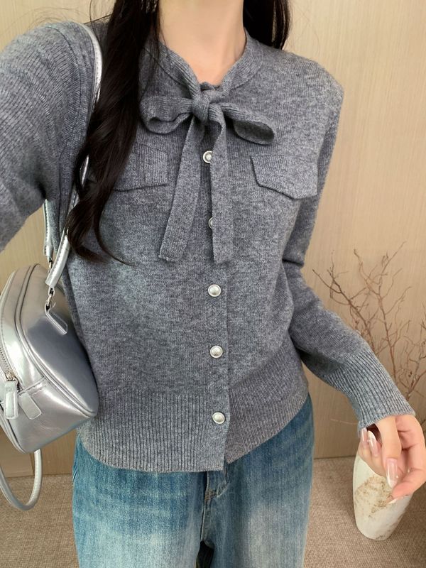 原创设计飘带系带领针织羊毛开衫女韩系温柔风高级感穿搭毛衣外套|undefined