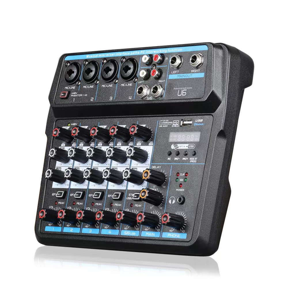 Ventas directas de fábrica mezclador de DJ de seis vías mezclador de audio grabación en vivo mezclador de música tarjeta de sonido transmisión en vivo