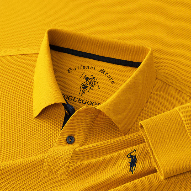 Silk-Gloss Cotton Long-Sleeved Polo Shirt for Men, Spring and Autumn, Embroidered Solid Color, Suitable for Middle-Aged Dads, Versatile for Daily Commuting