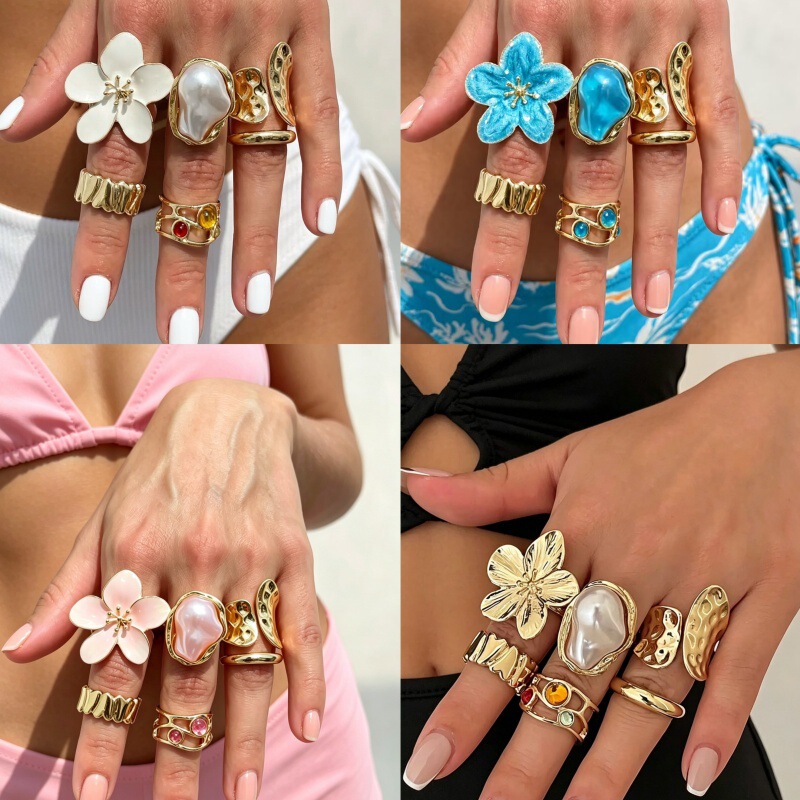 European and American Cross-Border Hot-Selling Hand Jewelry, Niche High-End Geometric Flower Rings, Women's Baroque Pearl Ring Accessories