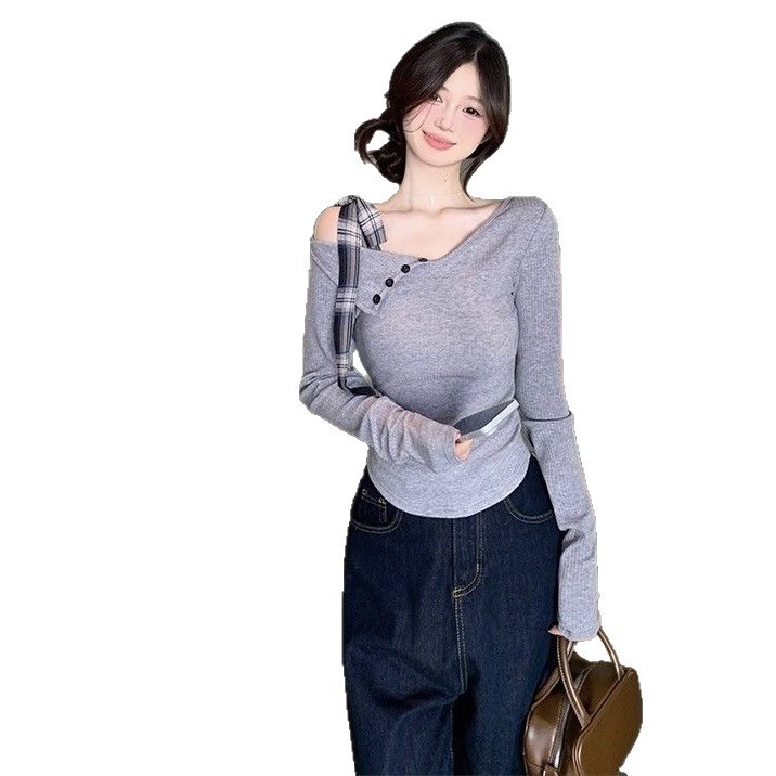 韩系设计感灰色蝴蝶结系带长袖T恤女秋季新款不规则修身露肩上衣|undefined