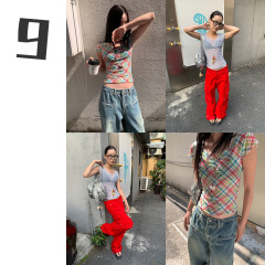 [9hour] ドーパミン甘辛風微透重ね着tシャツ女2025春夏U襟半袖上着女m11276