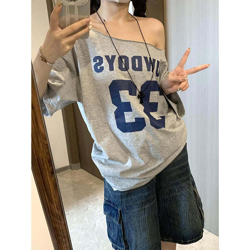 American Style Pure Shoulder Shoulder Short-sleeved T-shirt Women's Summer Loose Simple Style Slimming Sweet Spice Girl Relaxed Top