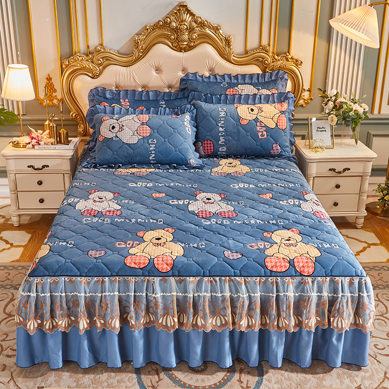 Falda de cama de terciopelo de cristal acolchado de encaje de princesa de estilo europeo, funda de cama de terciopelo de leche cálida gruesa de una sola pieza, funda de cama, falda 1.8m