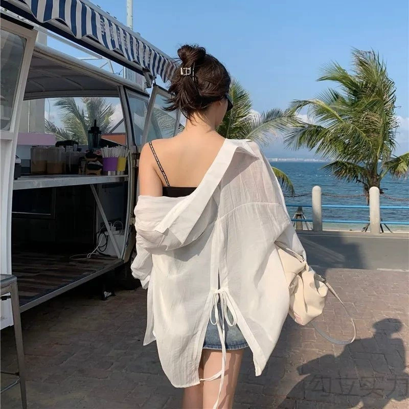 Тонкий слегка прозрачный солнцезащитный кардиган с длинными рукавами, с разрезом сзади и синей рубашкой на шнуровке для женщин, летняя модная повседневная куртка-рубашка