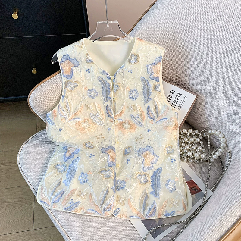 2025 весна и лето новый ретро новый китайский стиль улучшенный жаккард вышивка литературный кардиган с V-образным вырезом жилет топ женский