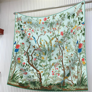 90cm French Hundred Birds Jungle Hangzhou High Quality Twill Silk Travel Shawl Sunscreen Large Square Scarf Decorative Scarf