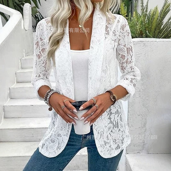 2026 New Amazon European and American Cross-Border Spring and Summer Stylish Versatile Solid Color Lace Shirt with Hollow-Out Design