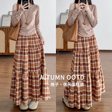 复古格子裙 女春秋高腰宽松显瘦休闲a字中长款半身裙慵懒风蛋糕裙