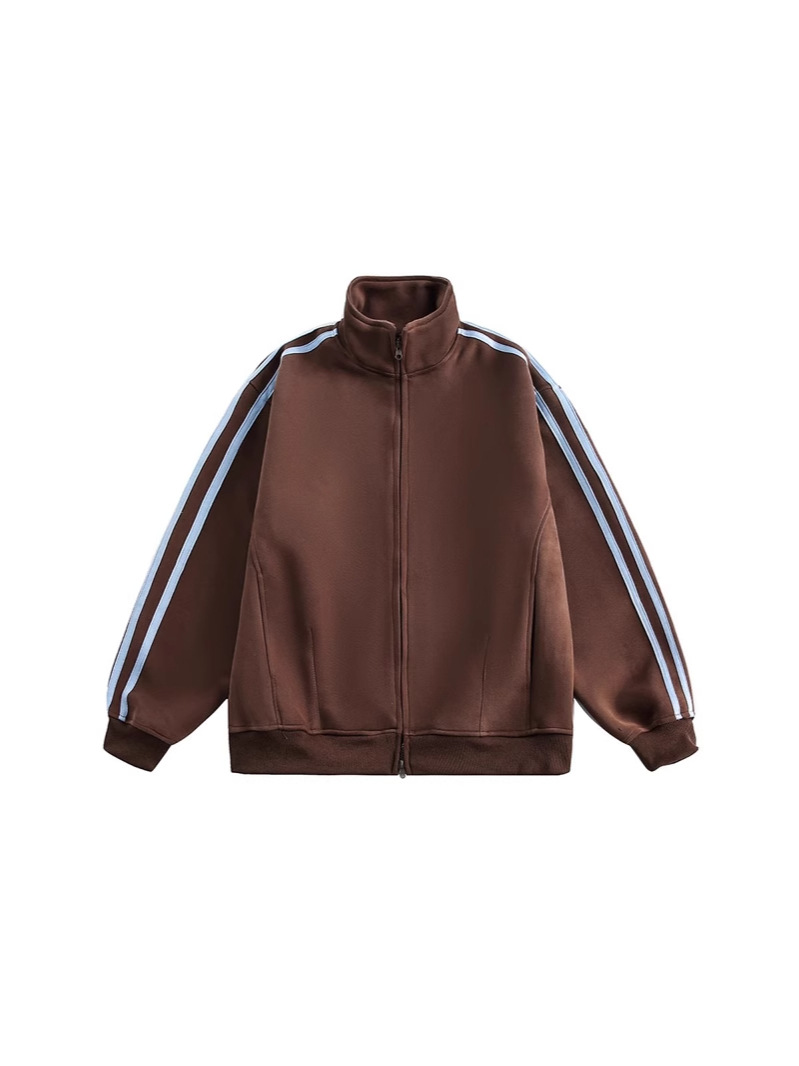 アメリカのレトロな3本のバーのスタンドカラーのジャケットの男性の秋のファッションのブランドのゆったりしたダブルヘッドのジッパーのジャケットのカップルのカーディガンのコート